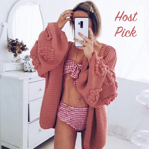 Rouge! Sweaters - Pom Pom Hearts Berry Pink Oversized Cardigan